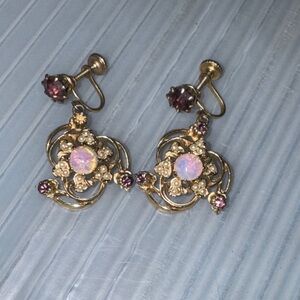 Vintage Opal Glass Rhinestone Faux Pearl Screw-Back Dangle Earrings Gold Tone